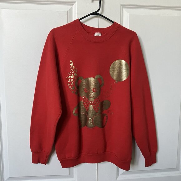 Vintage 1989 Airwave Sweatshirt Womens L Heart Valentine Teddy Bear Gold Graphic - Picture 1 of 8